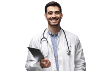 Smiling male doctor or medical professional holding a digital tablet under his arm, ready for work