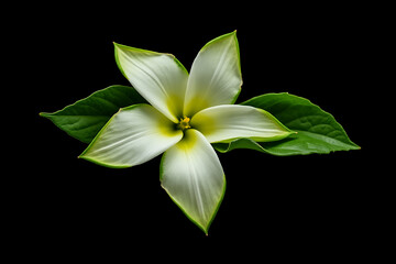 Fototapeta premium Elegant white flower with delicate petals and green leaves, set against a deep black background, evoking purity, nature, and minimalist beauty.