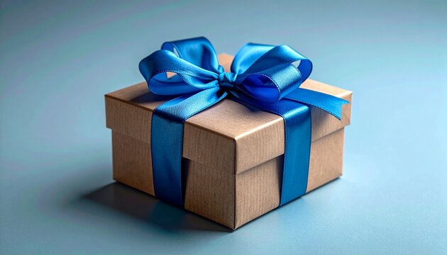 Elegant gift box with shiny blue ribbon bow, resting on smooth surface for festive presentation.