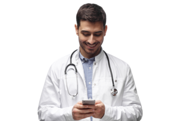 Doctor looking at smartphone checking medical app or patient records