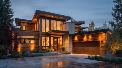 Modern Architectural Design of a Contemporary House with Warm Lighting and Sleek Lines at Dusk