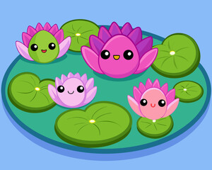 Water lily cartoon illustration on pond Vector