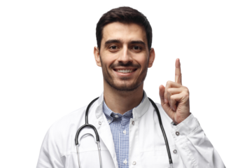Smiling male doctor with stethoscope pointing finger up showing idea or important information