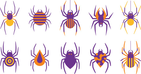 Cute spider cartoon illustration set with colorful stylized arachnids in different patterns, playful Halloween insect vector collection