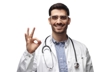 Doctor with stethoscope and glasses showing ok hand gesture sign of approval quality or excellence