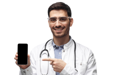 Smiling doctor with glasses pointing at blank smartphone display for medical app or digital content