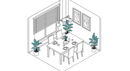 Fototapeta premium An isometric line drawing of a modern dining room with a set table, chairs, houseplants, and artistic wall frames.