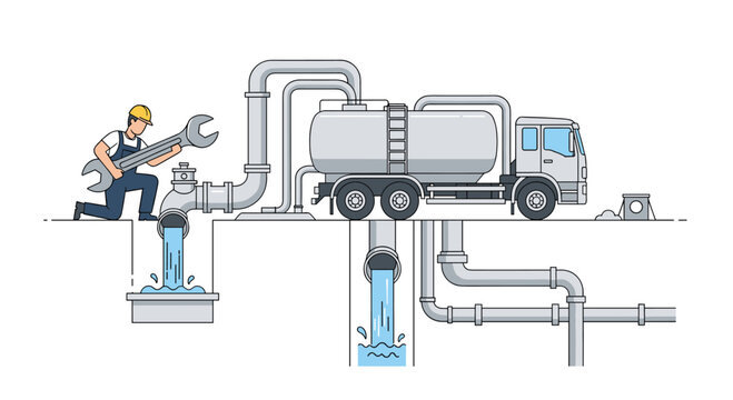 A plumber character with a giant wrench working on a large pipe next to a vacuum truck, showing a sewer system.