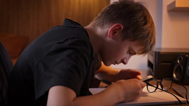 Young male student sit at desk late at night scrolling smartphone instead of studying, illustrating technology distraction, procrastination and tiredness during homework