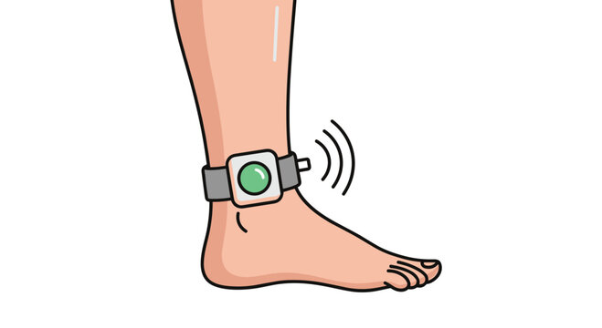 A tracking device or ankle monitor with a flashing light worn on a person's ankle for parole or house arrest.