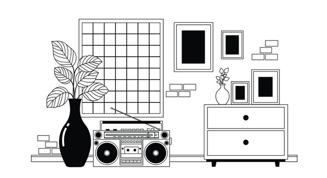 A black and white line drawing of a retro room interior with a boombox, a plant, and a dresser with picture frames.