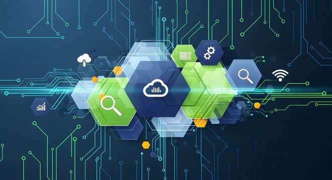 Digital network data abstract illustration with circuit board elements - Powered by Adobe