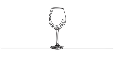 One line Drawing or illustration of wine glass, The wine glass cheers is drawn in one line style. Printable wall art, Continuous line drawing of wine glass. Wine glass linear icon. One line drawing.