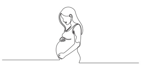 Beautiful pregnant Woman in one continuous line drawing. Healthy pregnancy and birth baby symbol in simple linear style. Concept for Happy Mother day banner. Editable stroke. Vector illustration