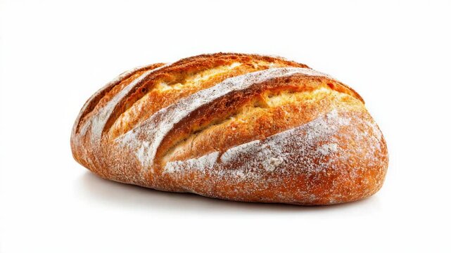 Crusty rustic bread loaf with golden brown surface and flour dusting, photographed in high detail on a clean white background, concept of bakery freshness