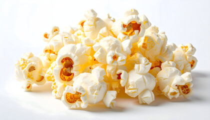 Close up pile popcorn white background snack food movie theater cinema entertainment salty treat texture generative AI