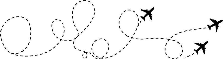 This minimalist airplane flight path illustration features dotted travel routes with small airplane silhouettes flying across a clean white background. 