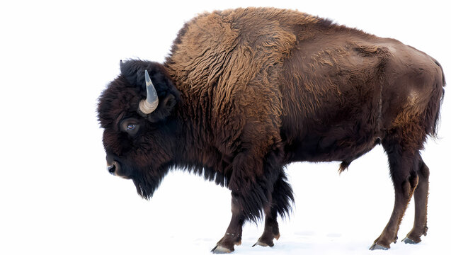 Majestic bison isolated on white background, a powerful symbol of the american west standing proudly in the snowy landscape, looking for food