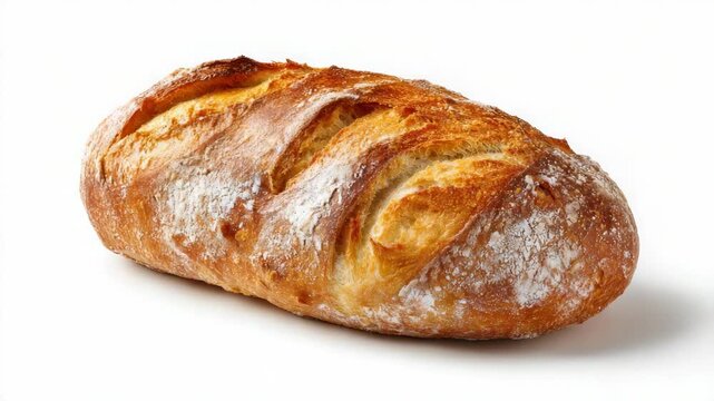 Freshly baked rustic artisan bread loaf with golden brown crust and flour dusting, isolated on white background, symbolizing homemade baking