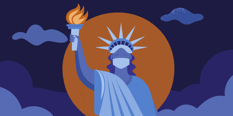 Statue of liberty wearing a mask with a torch in hand freedom © Delip
