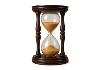 Hourglass timer measuring passing time with falling sand in glass bulb on wooden stand, symbolizing deadline and countdown