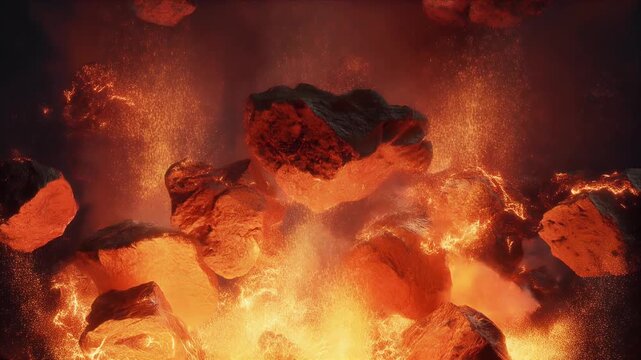 Dynamic eruption of molten fiery magma and jagged volcanic rocks exploding into a smoky intensely hot orange and red atmosphere