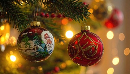 Close up of two decorative Christmas tree ornaments with warm bokeh lights.
