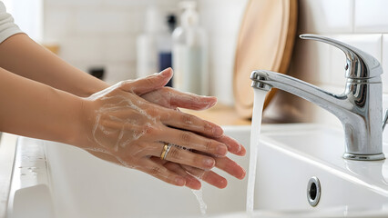 Woman washing hands with soap and water in a home bathroom sink for health and hygiene