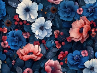 3D paper art style flowers with blue background and pink orange flower illustrations