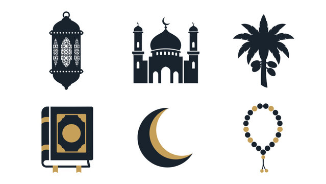 A collection of six Islamic symbols and icons including a mosque, lantern, Quran, date palm, crescent moon, and prayer beads, representing religious traditions.