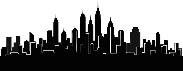 Naklejka premium Iconic Cityscape Silhouette of Skyscrapers Against a White Background