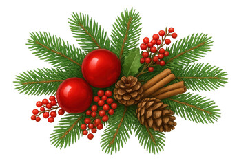 Christmas garland arrangement with fir branches, red ornaments, pine cones, holly berries, and cinnamon sticks