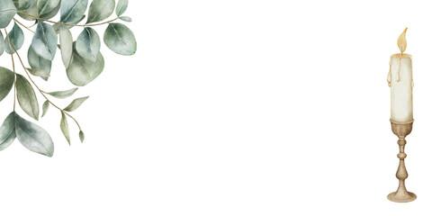 Watercolor illustration of a decorative frame made of eucalyptus branches with a candle in a vintage copper candlestick, isolated on white background. Perfect for cozy holiday decor, candle branding © Cristina