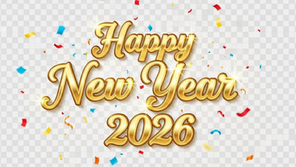 Fototapeta premium Golden Year Celebration: A dazzling greeting for the upcoming year 2026, crafted in elegant gold script, with colorful confetti that floats to herald the arrival of new beginnings.