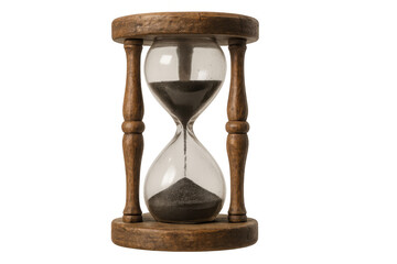 Hourglass with dark sand flowing, symbolizing time management, deadlines, and the continuous passage of moments. Transparent background