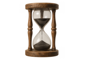 Hourglass with dark sand flowing, symbolizing time management, deadlines, and the continuous passage of moments. Transparent background