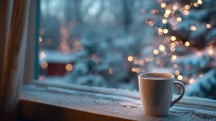 Cozy Winter Comfort: Steaming hot chocolate in a white mug sitting on a snowy windowsill, illuminated by festive golden bokeh string lights on a chilly evening.