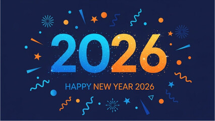 Naklejka premium Happy New Year 2026 festive graphic with 3 fireworks for the New Year.