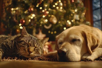 Cat and Dog Resting by Christmas Tree