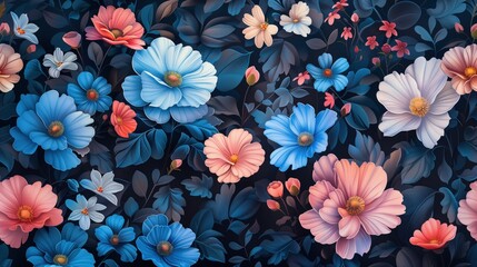3D paper art style flowers with blue background and pink orange flower illustrations