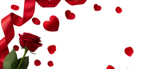 Red rose and ribbon with heart shapes isolated on a transparent background