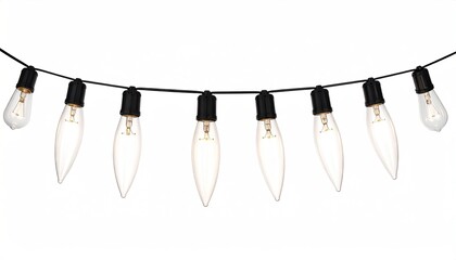 Decorative string lights with clear filament bulbs hanging outdoors.