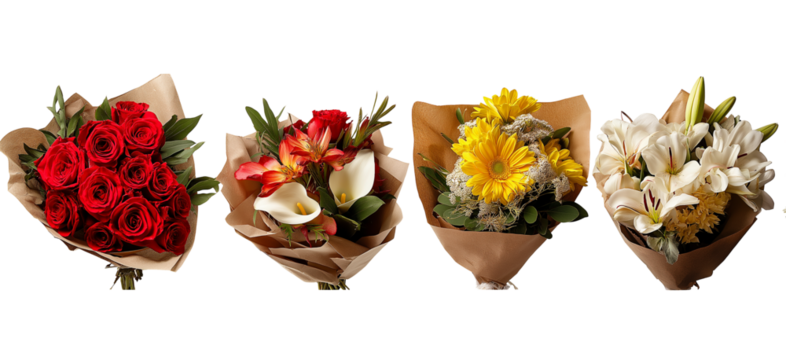 Four floral bouquets with red roses yellow daisies and lilies isolated on a transparent background - Powered by Adobe