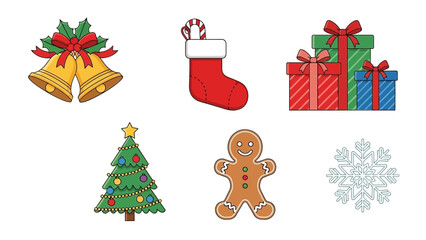 Christmas icons including tree, gifts, and gingerbread man