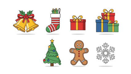 Christmas icons including bells, stocking, gifts, tree, gingerbread man, and snowflake