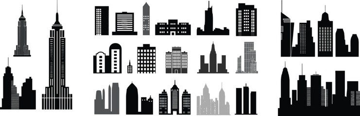 Urban city skyline silhouette collection featuring diverse architectural styles, modern buildings, skyscrapers, residential towers, and iconic cityscape elements