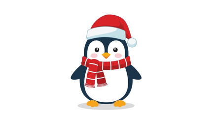 Adorable cartoon penguin wearing a red santa hat and scarf