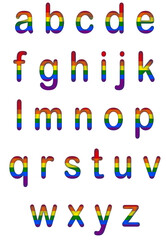A set of small letters A to Z rounded edges in Pride theme colors of red, orange, yellow, green, blue and purple, transparent background, png file.
