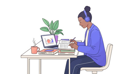 Woman sitting at desk with laptop and books, wearing headphones and writing