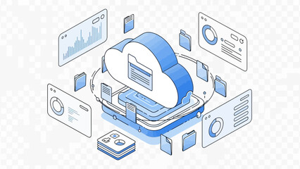 Cloud computing concept with various digital elements and data visualization